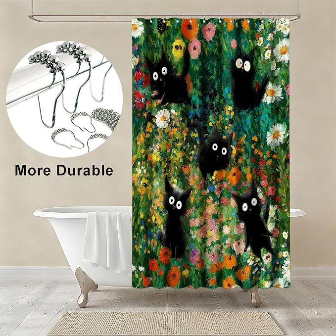Funny Black Cats Shower Curtain Vintage Wildflowers Shower Curtains for Bathroom Waterproof Fabric Bath Curtain Decor with Hooks