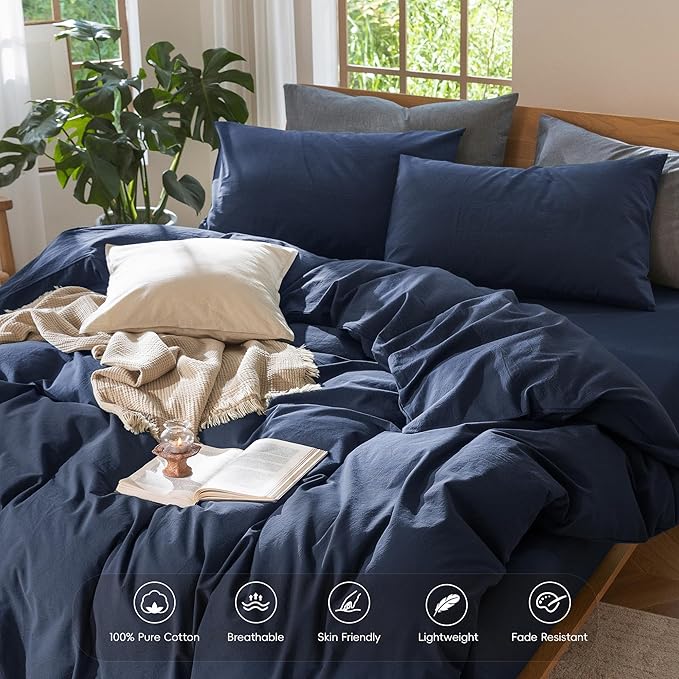 MooMee Bedding Duvet Cover Set 100% Washed Cotton Linen Like Textured Breathable Durable Soft Comfy (Solid Navy, King 104"x90")