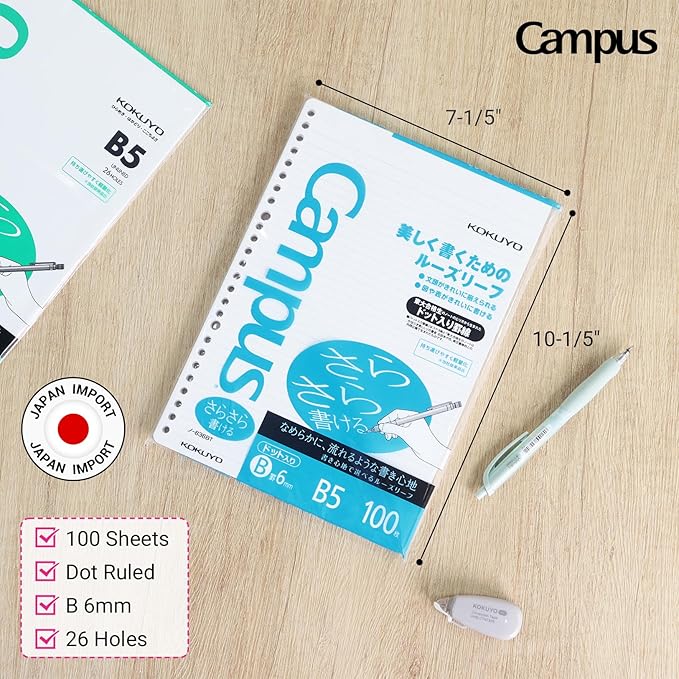 Kokuyo Campus Loose Leaf Paper for Binders, Sarasara Smooth Writing, B5, B 6mm Dotted Ruled, 26 Holes, 36 Lines, 100 Sheets, pH Neutral, Bleed Resistant, 75gsm, Pack of 3, Japan Import (NO-836BTN)