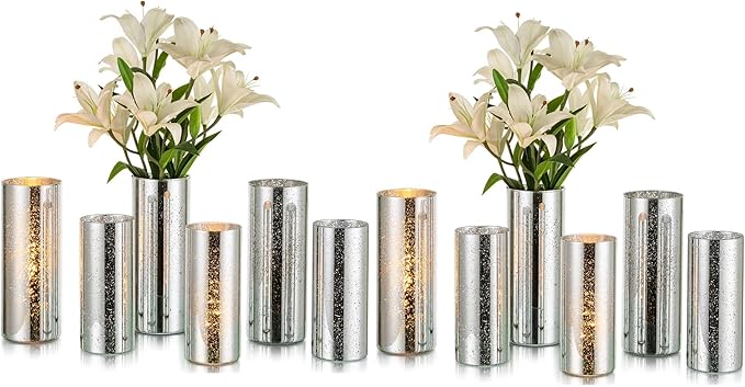 Silver Mercury Glass Cylinder Vase: Set of 12 Glasseam Floating Candle Vases for Centerpieces Deocrative Modern Vase for Flowers Hurricane Pillar Candle Holders for Table Centerpiece Wedding Decor