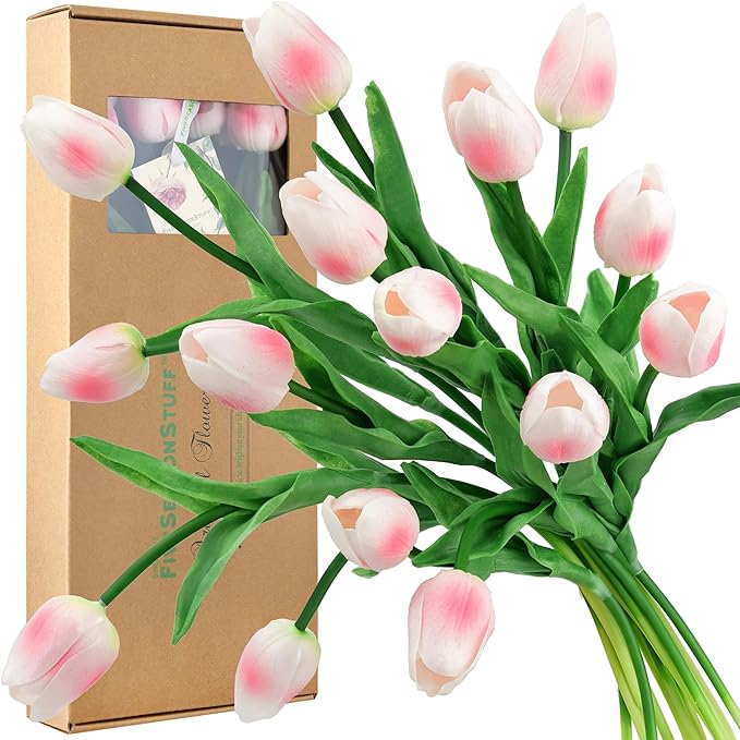 FiveSeasonStuff Real Touch Tulips Artificial Flowers – 15 Stems Faux Tulip Bouquet in Gift Box for Wedding, Home Decor, Party, Floral Arrangements (Jaipur Soft Pink)
