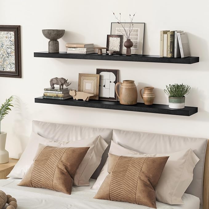 fuqing Black Floating Shelves 48 Inch, Solid Wood Wall Mounted Shelves Set of 2, Extra Long Modern Floating Shelves for Wall Decor & Storage, Shelves for Bathroom Bedroom Kitchen Living Room - Black