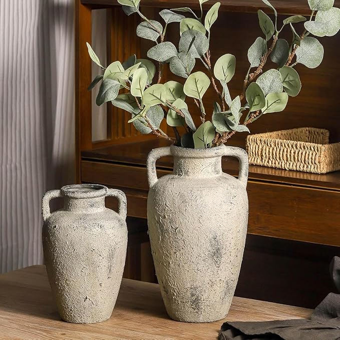Large Vase with Handle - Ceramic Rustic Vase, 11.41 inch Tall Terracotta Flower Vase with 2 Handles, Decorative Vases for Home Decor, Dining Table, Living Room, Kitchen, Office
