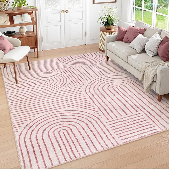 Lahome Abstract Washable Rugs 5x7, Soft Pink Rugs for Living Room Bedroom Girls, Ultra-Thin Non-Shedding Modern Throw Large Carpet for Dining Room Office Darrell(5'x7',Pink)