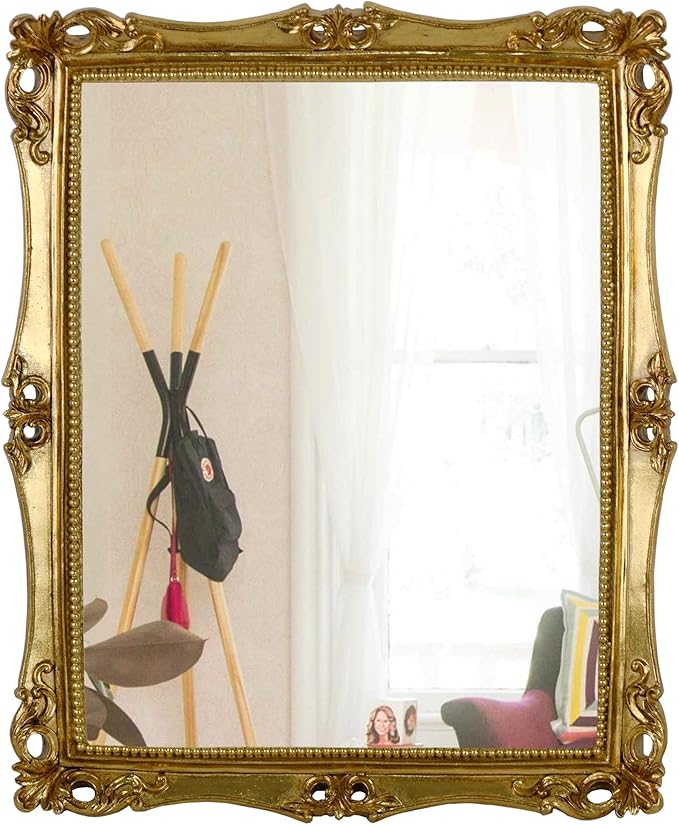 Funerom Vintage Decorative Mirror, Wall Mounted & Tabletop Makeup Mirror ，Square (Antique Gold, 16.5 x 13.5 inch)