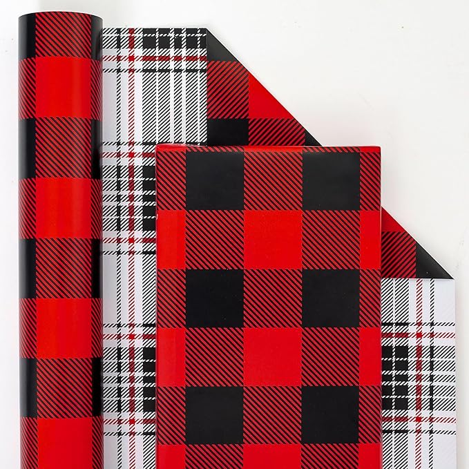 MAYPLUSS Christmas Reversible Wrapping Paper - Mini Roll - 17 Inch X 32.8 Feet - Red Black Buffalo Plaid Patterns (47.3 sq.ft.ttl)
