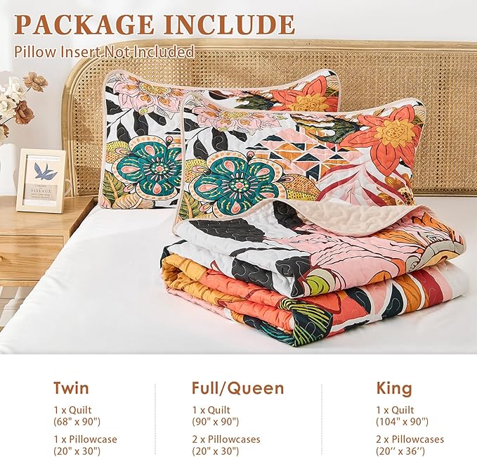 Quilt Set Twin Size, Boho Floral 2 Pcs Soft Bed Cover Bedding Set, Mid Century Flowers Lightweight Bedspread Coverlet with Pillow Sham for All Season