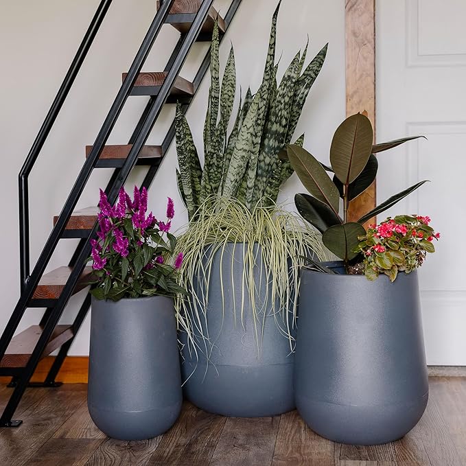 Beuta Large Planters for Outdoor Plants - Set of 3, 15.5/18/20.5 Inches Outdoor Planters for Porch - Tall Planter for Outdoor & Indoor Plants | Large Indoor Plant Pot - USA Made - Grey