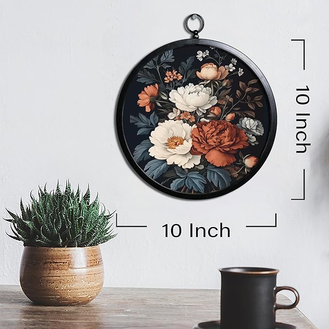 XIAOAIKA Vintage Wall Art with Metal Frame, Round Wood Print Featuring White and Red Peonies, Floral Wall Hanging, Boho Wall Decor for Living Room, Bedroom, Kitchen, Hallway, 10 Inch