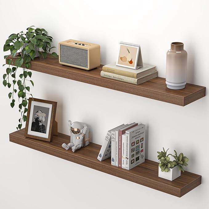 Heimlove 36 Inch Floating Shelves for Wall,Mounted Storage & Display Wood Shelves with Invisible Brackets,Hanging Shelf for Bedroom Living Room Kitchen Office,Set of 2,Walnut Color