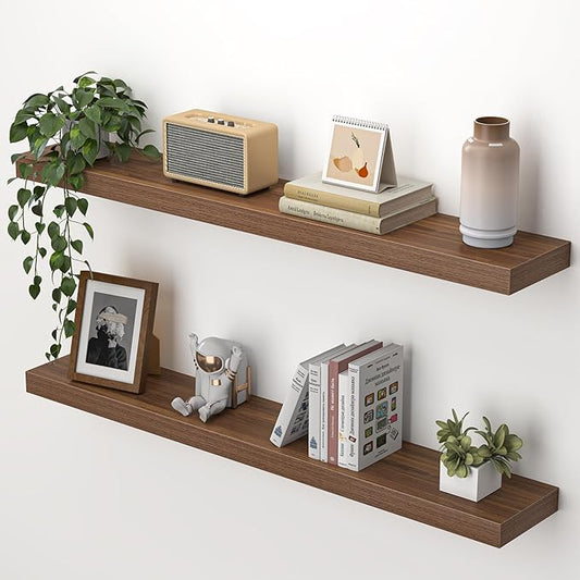 Heimlove 36 Inch Floating Shelves for Wall,Mounted Storage & Display Wood Shelves with Invisible Brackets,Hanging Shelf for Bedroom Living Room Kitchen Office,Set of 2,Walnut Color