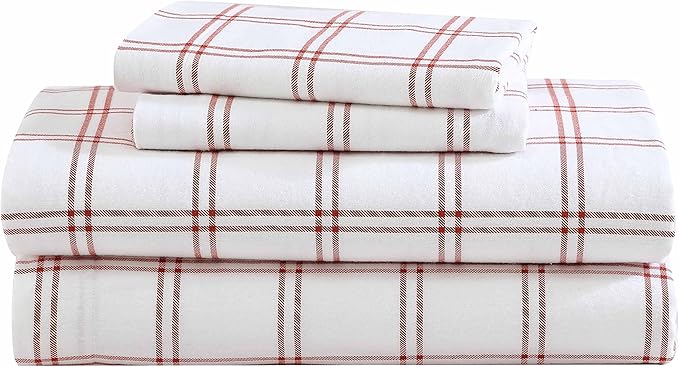 Eddie Bauer - Flannel Sheets Queen Size, Anti-Pilling & Wrinkle Resistant Cotton, Touchably Soft for All-Season Comfort - Bed Sheets with Matching Pillowcases & Fitted Sheet (Westridge Plaid Orange)