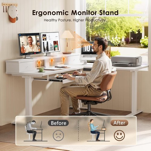OffiGo L-Shaped Electric Standing Desk - Height Adjustable with Drawers & Monitor Stand | 59 Inch White