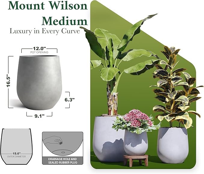 DTY Signature Mount Wilson Modern Indoor Outdoor Fiberstone Tapered Planter, Lightweight, Weather Resistant Garden Pot with Drainage Hole & Rubber Plug, Planter for Christmas Decor - Gray, Medium