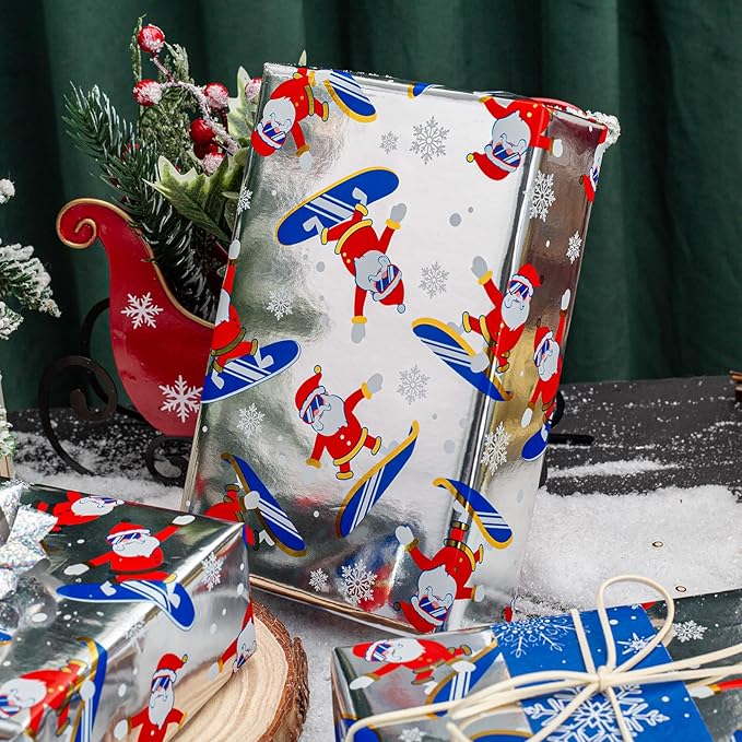 MAYPLUSS Reversible Christmas Wrapping Paper Roll - 17Inch X 33Feet - Funny Metallic Foil Athletic Santa Claus Skating Snow Pattern Winter Gift Wrap Paper for Christmas, Holiday, Party, Celebration