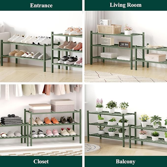 Smiry Bamboo Shoe Rack for Closet, 4 Tier Wooden Stackable Shoe Organizer, Free Standing Shoes Storage Shelf for Entryway, Front Door Entrance, Green