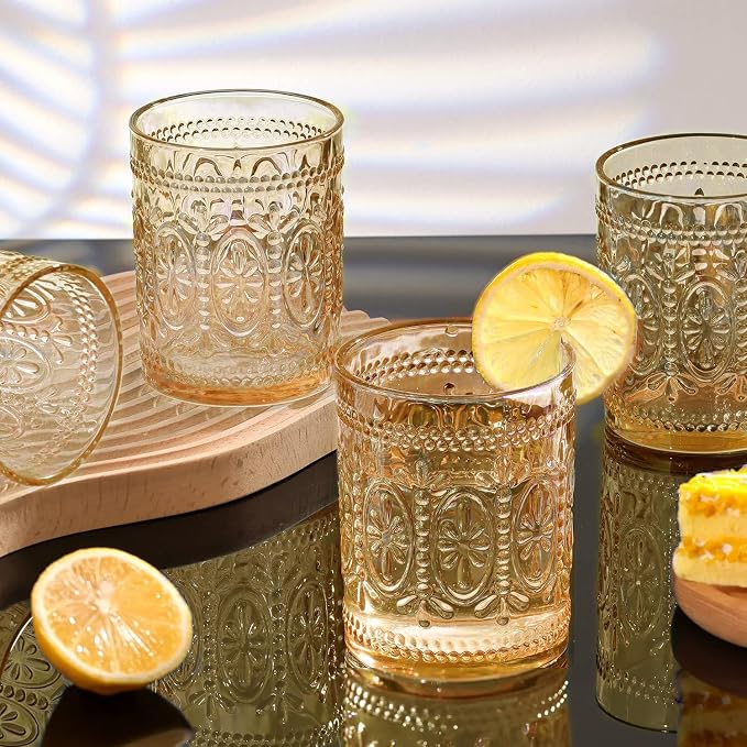 Darlion 6 Pack Amber Glassware Set, 10oz Vintage Drinking Glasses, Colored Water Glasses, Amber Embossed Glass Cups for Party Wedding Home Office Gift