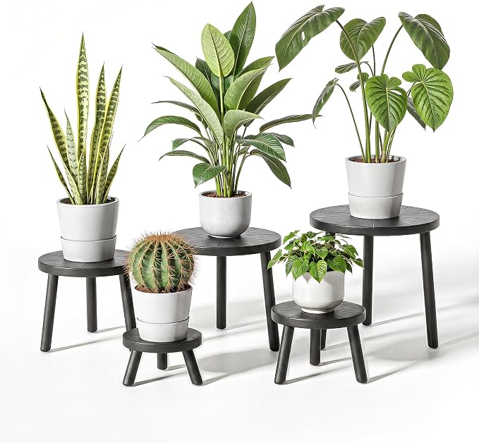 Delma Wood Plant Stands Indoor, 5-Pack Single Plant Stand for 6-12 Inch Pots, Mid-Century Modern Plant Stool, Tall Plant Stand for Large Plants for Living Room, Balcony, Office (Black, 5-Pack)