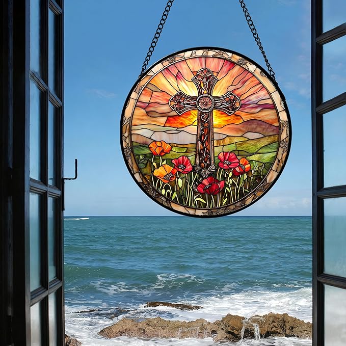 Christian Gifts for Women - Cross Stained Glass Window Hanging Jesus Easter Poppy Sunset Landscape Sun Catcher Garden Religion Decor Mother's Day Catholic Gift for Men Grandma Mom Her 11.8"
