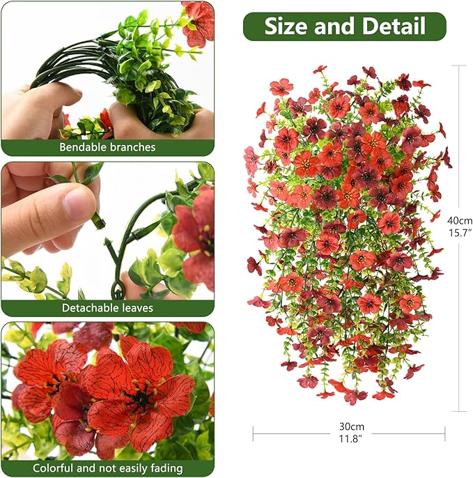 Artificial Fake Flowers Plants for Outdoor Fall Decoration, 2PCS Faux Mums Flowers for Outside UV Resistant Realistic for Porch Patio Garden Yard Balcony Home Decor(Red Brown)