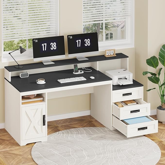 TVU Farmhouse Computer Desk with Drawers, 65'' Home Office Desk with Power Outlets, Storage Cabinet and Printer Stand, Study Writing Desks with Long Monitor Stand, Black and White