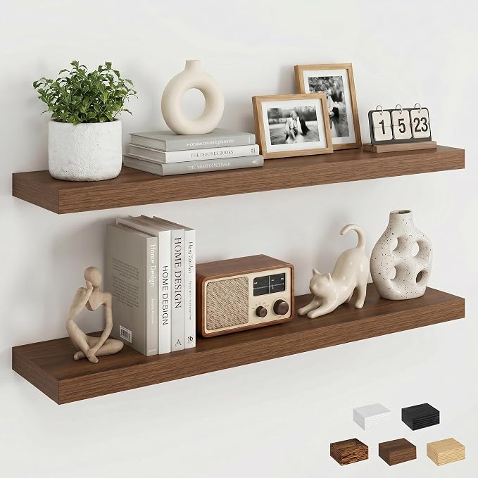 Dreamland 32inch Floating Shelves for Wall, Rustic Walnut Floating Shelves for Bathroom|Bedroom|Kitchen, Deep Wall Mounted Book Shelf, Wood Storage Display Shelf for Home Decor, Set of 2