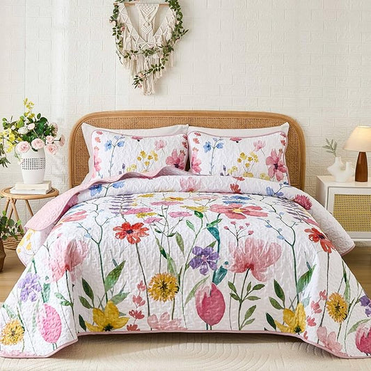 Anibedding Queen Quilt Set, Reversible Pink Floral Bedspread Soft Microfiber Lightweight Queen Size Quilt Bedding Sets Flower Coverlet for All Season(Queen, 96"x90")