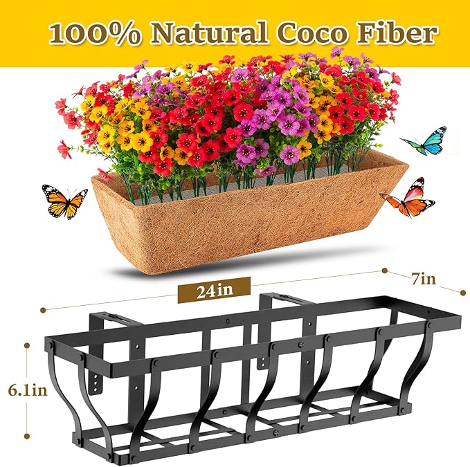 Railing Planter Boxes with Faux Flowers, Adjustable Balcony Planters for Railing Hanging, UV Sun Resistant Colorful Daisy for Porch Patio Balcony Home (1 Pack, 24 Inch)