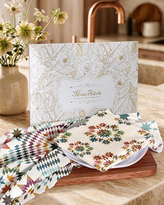 Miss Adola 4pcs Flour Sack Kitchen Towels - 16x26 Inch Cotton Dish Towels Set of 4 with Hanging Loop Reusable Geometric Boho Modern Retro Tea Towel Absorbent Dishcloths Home Decor, Starburst Design
