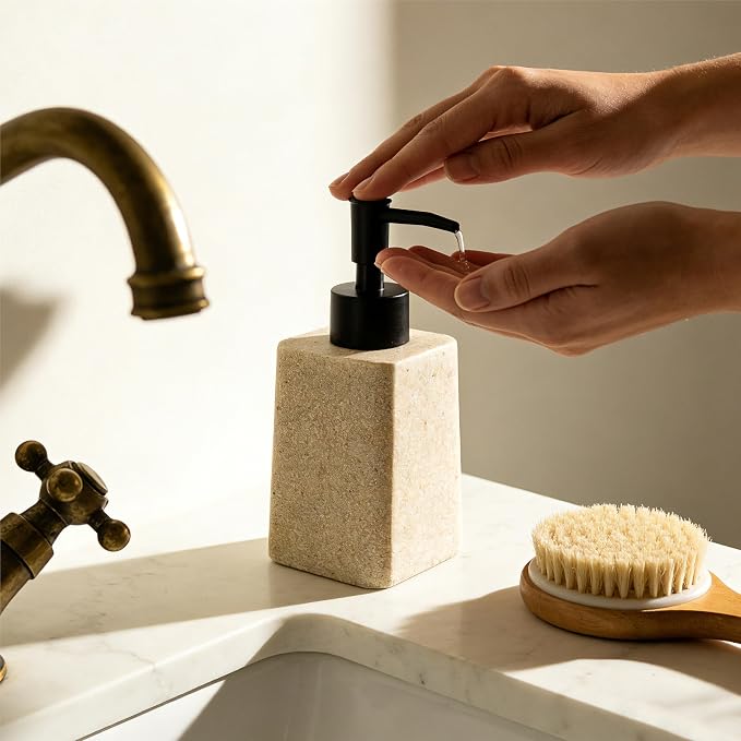 Bathroom & Kitchen Countertop Soap Dispenser, Modern Sandstone-Look Resin Bottle with ABS Pump, Durable Shatter-Resistant 8.5 oz Dispenser (Beige)