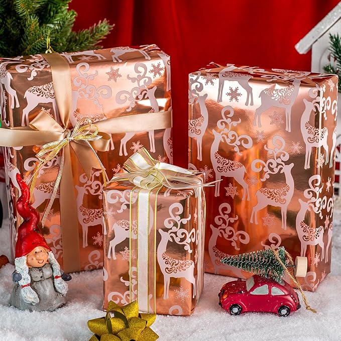 MAYPLUSS Christmas Reversible Wrapping Paper - Mini Roll - 17 Inch X 32.8 Feet - Rose Gold with Glitter Metallic Foil Design (47.3 sq.ft.ttl)