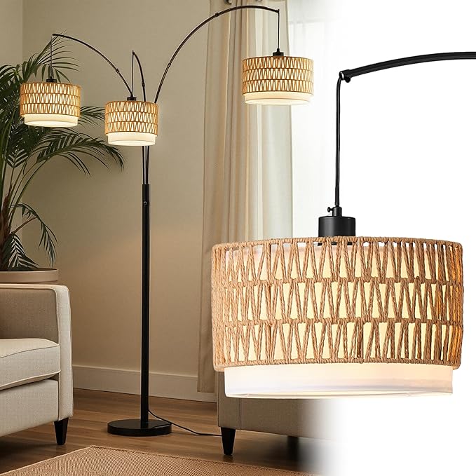 Arc Floor Lamp for Living Room, 80 Inch Rattan Floor Lamp with Rotary Switch, 3 Lights Boho Tall Lamp with Wicker Shade for Coastal,Bohemian,Tree Farmhouse Standing Lamp