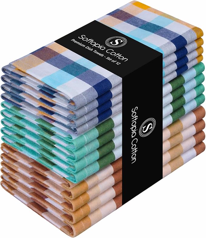 Checked Kitchen Dish Towels 12 Pack Combo, 18"x26", Quick Dry Wash Rags, Reusable Dishcloths, Absorbent Hand Towel - Mint Green, Water Green, Indigo Blue, Mustard Yellow, Brown, Beige