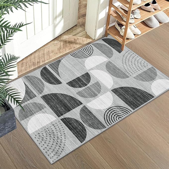 MUJOO Small Rug Washable,Boho Area Rugs for Entryway Bathroom Entry Entrance Bedroom Kitchen,Front Door Mat Throw Carpet Non Slip Indoor Soft Modern Abstract 2x3 Black and Grey