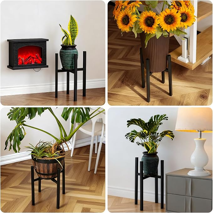 Adjustable Metal Plant Stand Indoor, Fits 9-15 Inch Pots, Mid Century Modern Planter Holder,2 Heights, Heavy Duty 160 lb, Indoor Outdoor Corner Floor Pot Stand, Black with Round Plate