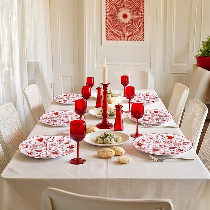 U-QE 20Pcs Red Plastic Plates - Diamond Heart Plates Disposable Heavy Duty, Fancy Love Pattern Perfect for Weddings, Parties, Valentine's Day - 10.25" Dinner Plate & 7.5" Dessert Plate