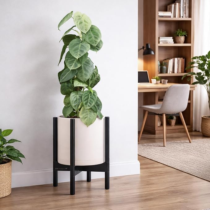 D'vine Dev Planter Pot with Stand - 10 Inch Plastic Cylinder Flower Pot with Wood Planter Holder for Indoor, Oatmeal Pot + Ebony Stand, 55-C-N-4