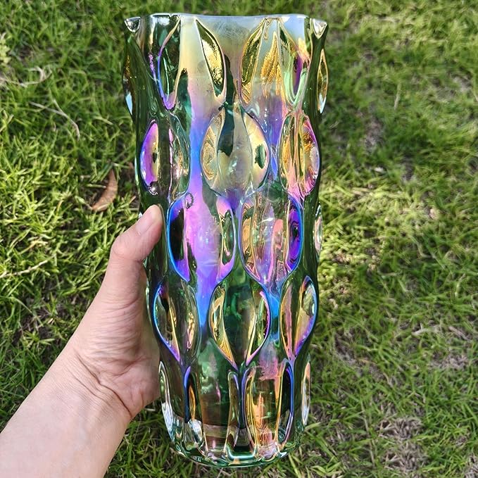 9.5" High Thickened Green Glass Flower Vase for Home Decor, Dining Wedding Table Office Holiday Party Centerpiece Decoration