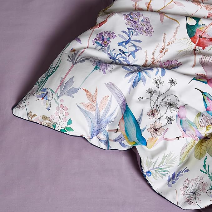 mixinni King Size Duvet Cover Purple Flowers Bird Bedding Sets Shabby Chic Boho Long-Staple Cotton Duvet Cover Set with Zipper Ties 1 Duvet Cover+2 Pillowcases, Ultra Soft, Breathable-King Size