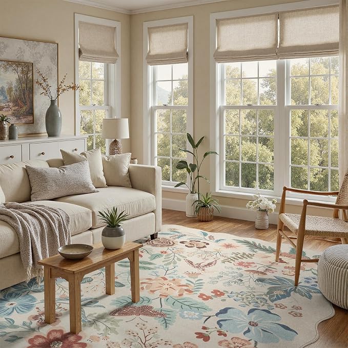 DCX Beige Floral Rug 8x10, Washable Beige Rug for Living Room, Kid & Pet Friendly with Rubber Back Non Slip, Soft Low Pile Carpet, Stain Resistant Rug for Bedroom, Nursery, Dining Room