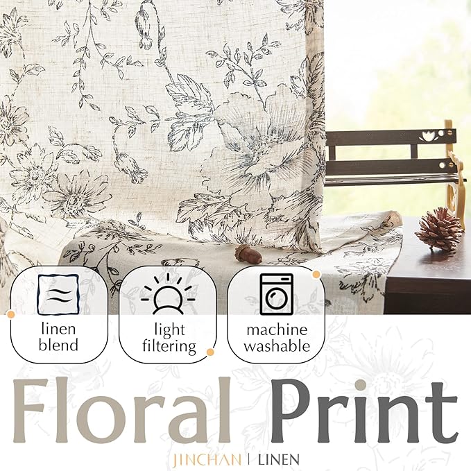 jinchan Linen Blend Curtain Floral Curtains for Living Room 96 Inch Length Black Printed Curtain Back Tab Farmhouse Peony Flower Patterned Drapes Bedroom Window Curtains Set 2 Panels