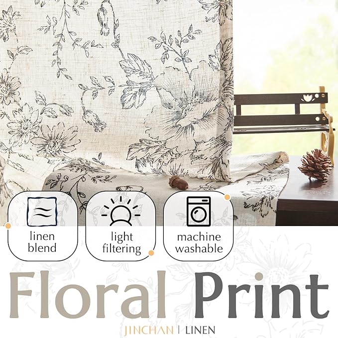 jinchan Linen Floral Curtains 63 Inch Length for Living Room Bedroom Light Filtering Farmhouse Peony Flower Drapes Rustic Window Curtain Set Rod Pocket Back Tab 2 Panels Black