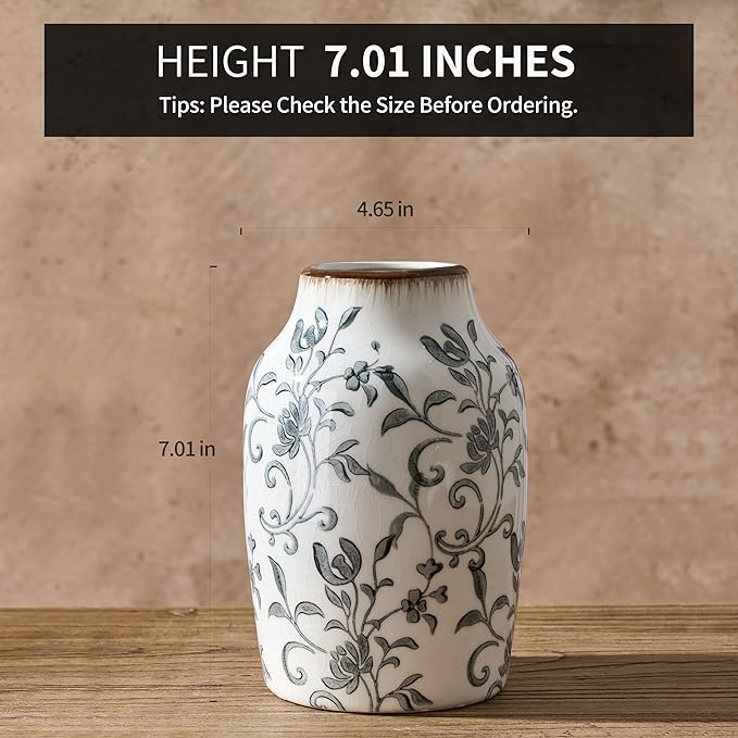 SIDUCAL Ceramic Vintage Vase, 7 Inch Retro Ice Cracked Chinoiserie Floral Vase, Rustic Farmhouse Vases for Home Decor, Bookshelf, Office, Garden, Chinoiserie Decor, Tuscan Decor, Gray Floral Pattern