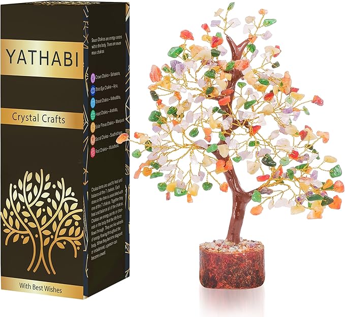 YATHABI Chakra Tree Sculpture - Mix Chakra Golden Wire Crystal Bonsai Tree - Positive Energy, Meditation Decor, Spiritual Gift