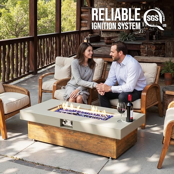 SHINETUNE Outdoor Propane Fire Pit – 48" Fire Table with 50,000 BTU, Modern Propane Fire Pit with Adjustable Flame & Matching 20 lb Tank Stand for Patio, Garden, Deck