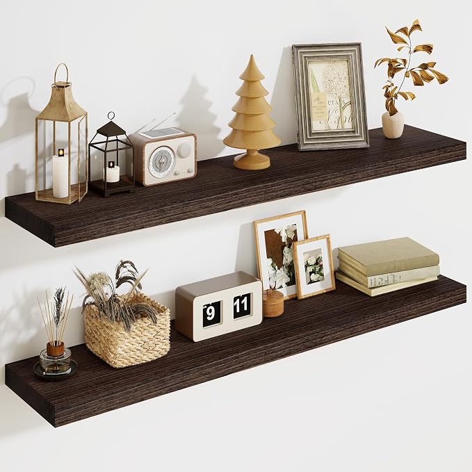 Solid Wood Floating Shelves for Wall 36"W x 8"D x 1.56"H Set of 2, Deep Wall Shelves for Living Room Bedroom Bathroom Kitchen Decor Storage with Invisible Heavy-Duty Metal Bracket, Rustic Brown