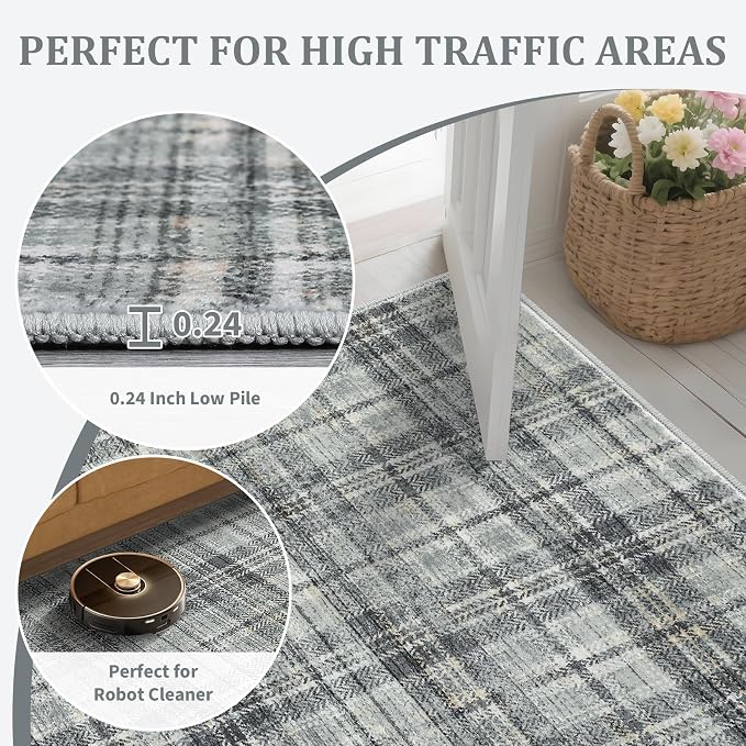 Tartan Plaid Washable Round Rugs 4ft, Non-Slip Soft Small Round Rug Circle Stain Resistant Low Pile Carpet for Entryway Kitchen Bedroom Nursery Bathroom, Greyish Green