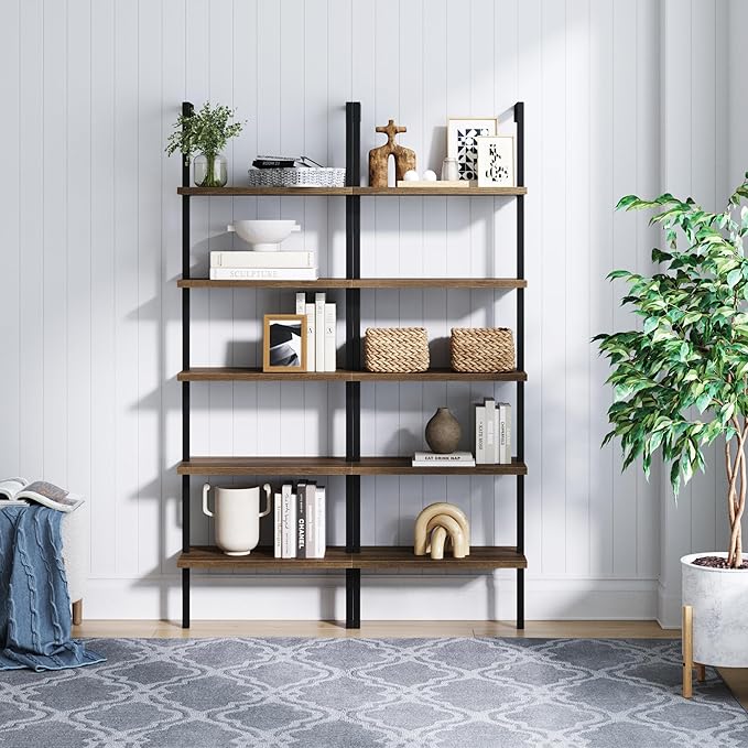 Nathan James Theo 5-Shelf Wood Modern Bookcase, Open Wall Mount Ladder Bookshelf with Industrial Black Metal Frame, Reclaimed Oak, Set of 2