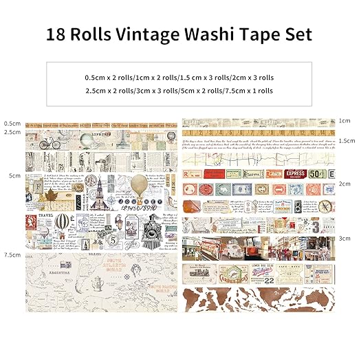 18 Rolls Vintage Washi Tape Set, Newspaper Building Map Retro Masking Tape 5/10/15/20/25/30/50/75mm Wide 6.56ft Long Decorative Scrapbook Tape for journaling, Scrapbooking Supplies, Junk Journal Craft