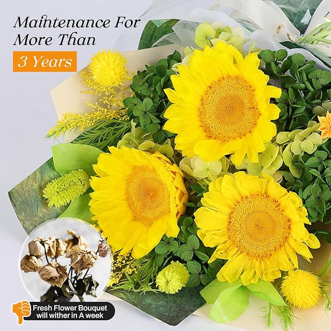 Preserved Sunflower Bouquet - Forever Flowers for Delivery, Long-Lasting Flower with Gift Box, Eternal flowers Bouquet for Mothers, Mom, Wife Anniversary Birthday Gifts for Women and Her